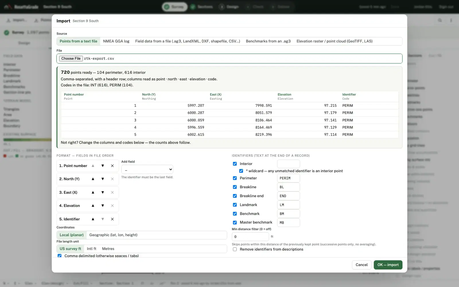 The Studio's import dialog reading a points file: a green summary reports 720 points ready — 104 perimeter and 616 interior — comma-separated with a header row, columns read as point, north, east, elevation and code, and codes INT (616) and PERIM (104); a preview table shows the first five rows; the format and identifier settings sit below it.
