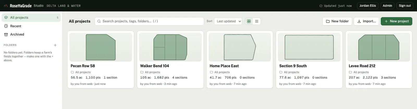 The Studio project library for a company: five field cards — Pecan Row 58, Walker Bend 104, Home Place East, Section 9 South and Levee Road 212 — each with an outline thumbnail showing its sections and, shaded green, which of them are designed, plus acres, point count, section count and who saved it last.