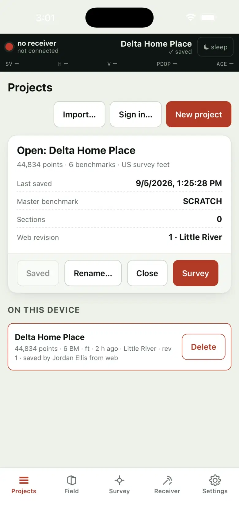 Collector on an iPhone, Projects tab: Import, Sign in and New project buttons; the open project with 44,834 points, 6 benchmarks and US survey feet, its last-saved time, master benchmark and section count, and Saved, Rename, Close and Survey buttons; below it the on-device list showing the same project synced from the web.