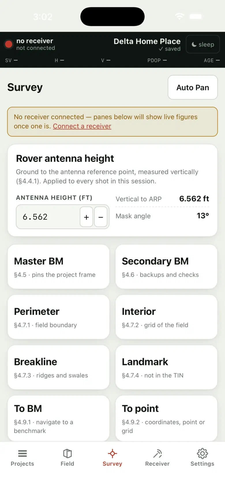 Collector on an iPhone, Survey tab: a note that no receiver is connected with a link to connect one, the rover antenna height box reading 6.562 ft vertical to the ARP at a 13° mask angle, and the survey panes as tiles — Master BM, Secondary BM, Perimeter, Interior, Breakline, Landmark, To BM and To point.