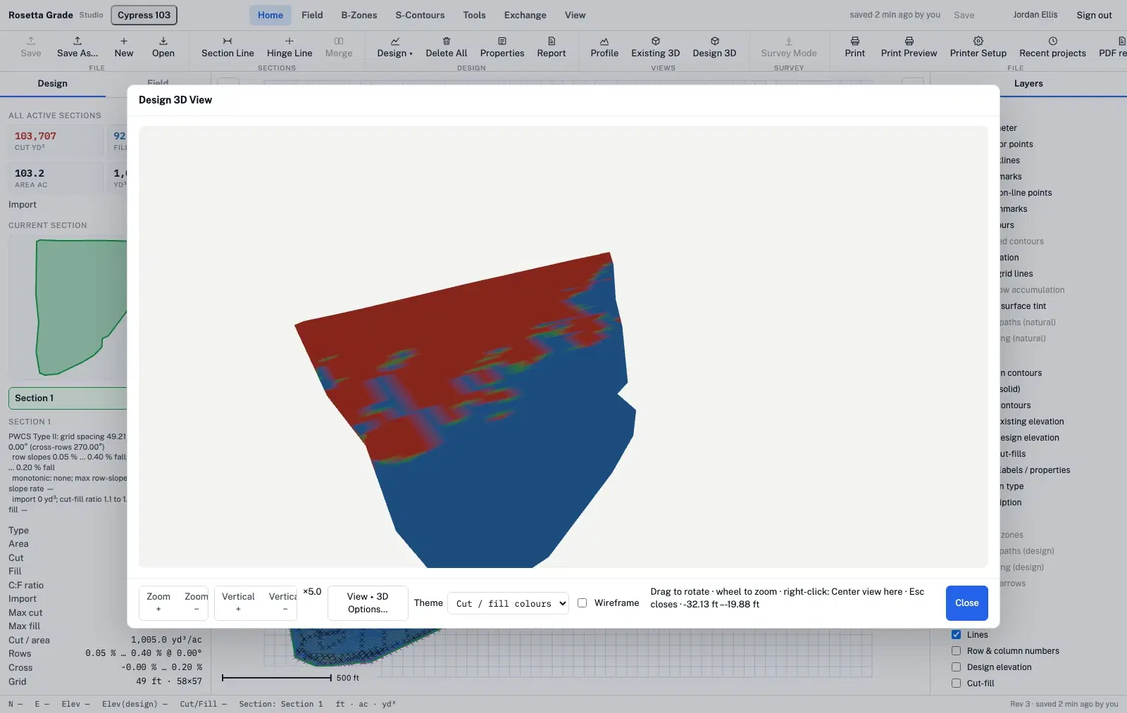 The Studio's 3D view of the design: the designed surface rendered as a solid you can orbit, with zoom, vertical-exaggeration, theme and wireframe controls along the bottom and the elevation range printed beside them.