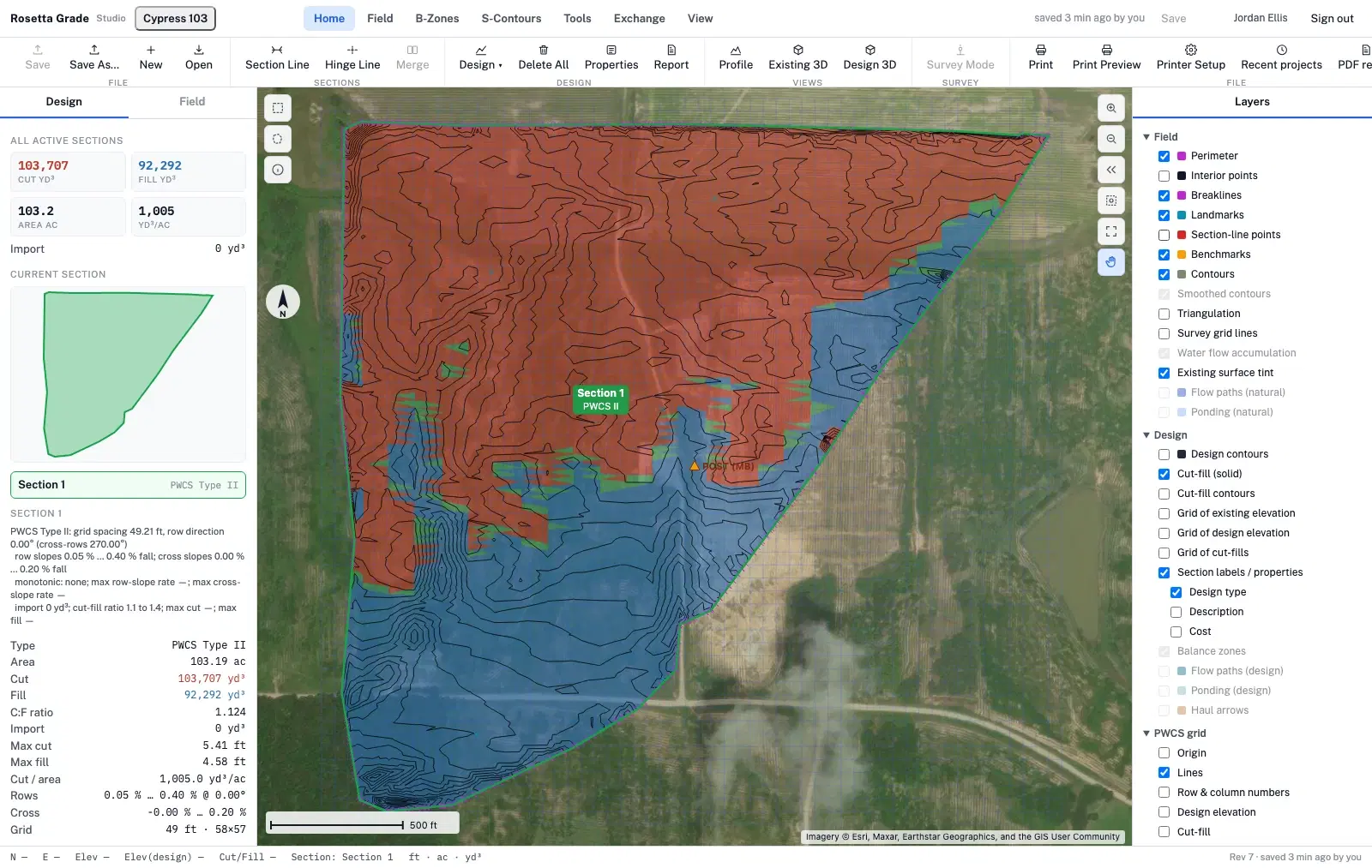 The same field drawn over aerial imagery: the cut-and-fill shading and design contours sitting on the real ground, georeferenced from the master benchmark, with the perimeter, the north arrow, a 500 ft scale bar and the imagery attribution in the corner.