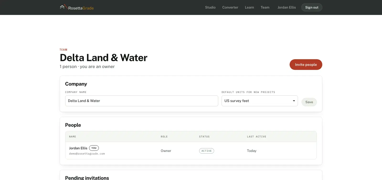 The Team page for a company: the company name and default units, and a People table listing an owner marked You and Platform admin, a designer and a surveyor, all active today, with role selectors and Disable and Remove actions, above a Pending invitations section.